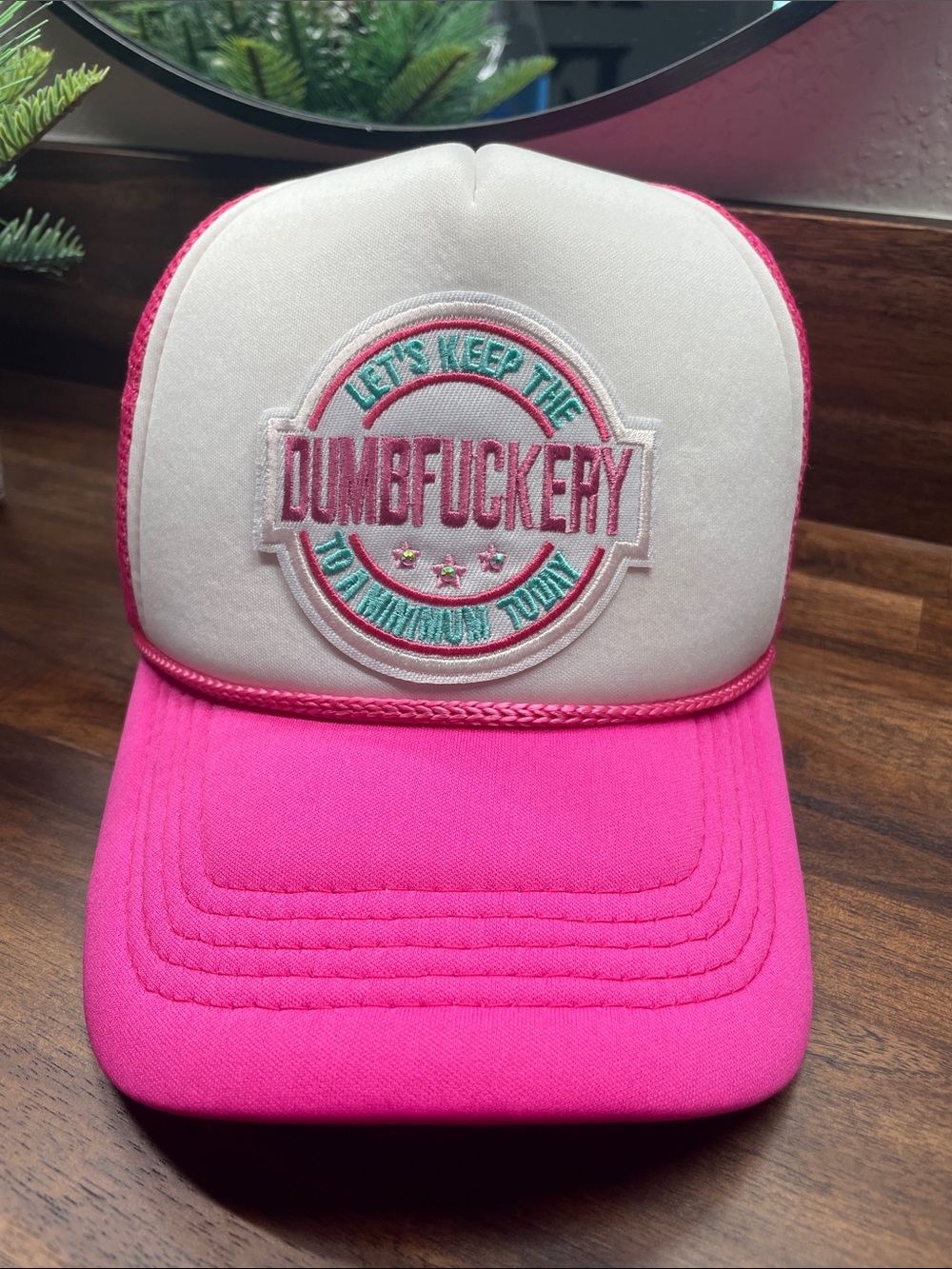 Pink and White Trucker Hat with Bold Patch